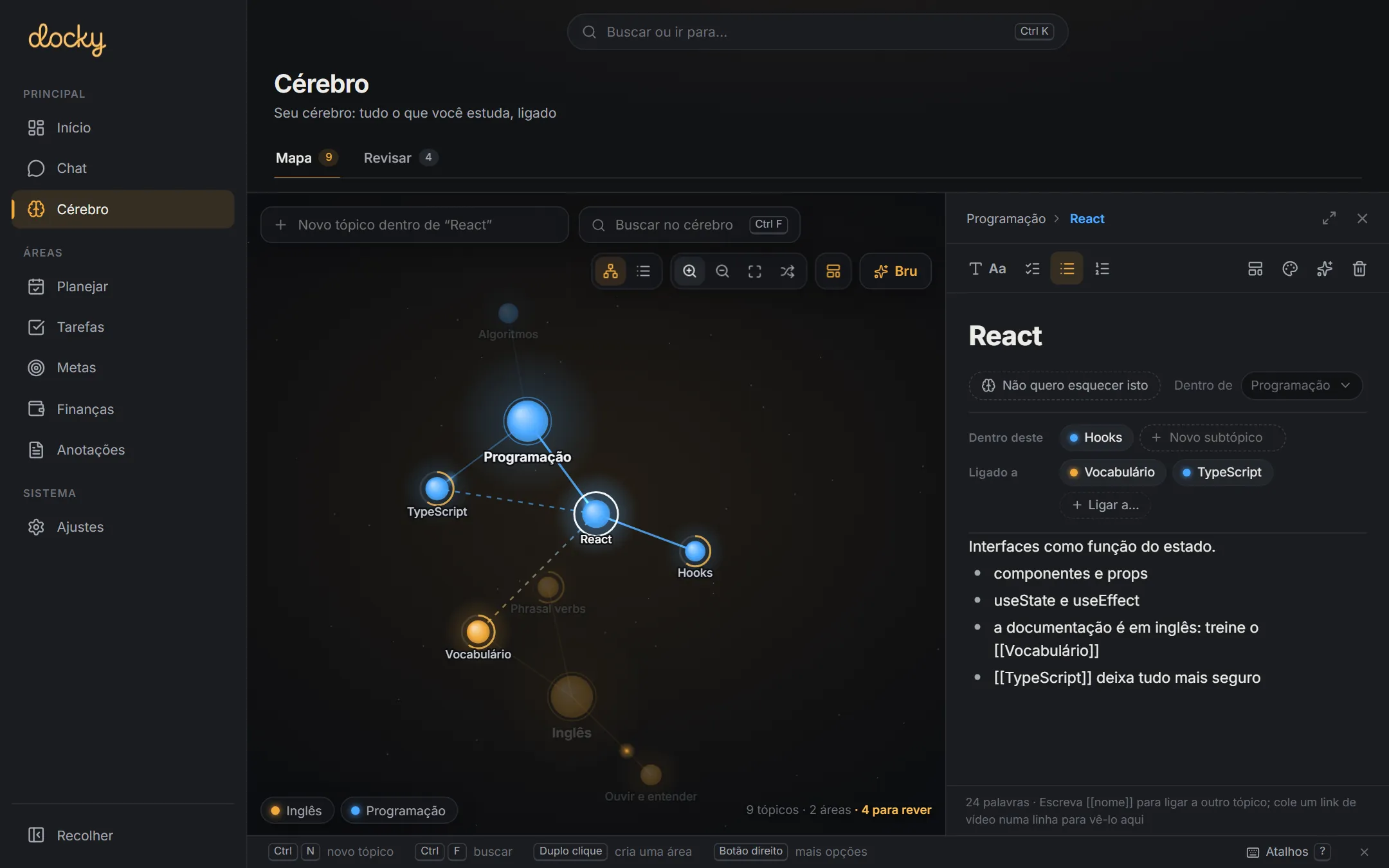 Tela Cérebro do Docky: o mapa de áreas e tópicos à esquerda e a página do tópico React aberta à direita, com ligações para outros tópicos