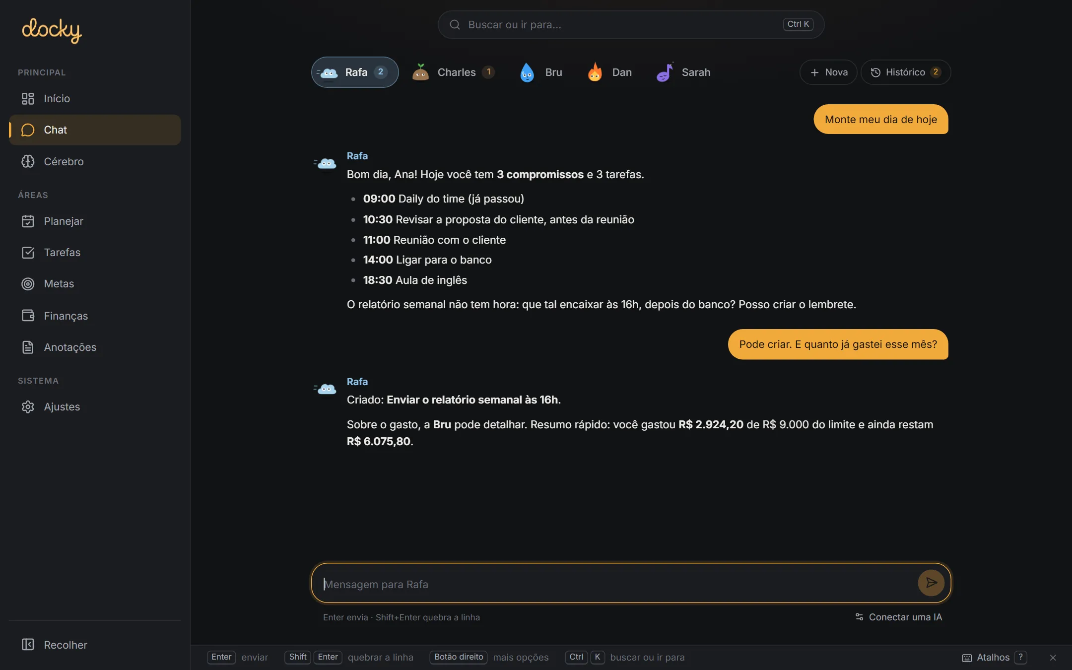 Chat do Docky: a Rafa monta o dia do usuário com os compromissos e tarefas e responde sobre o orçamento