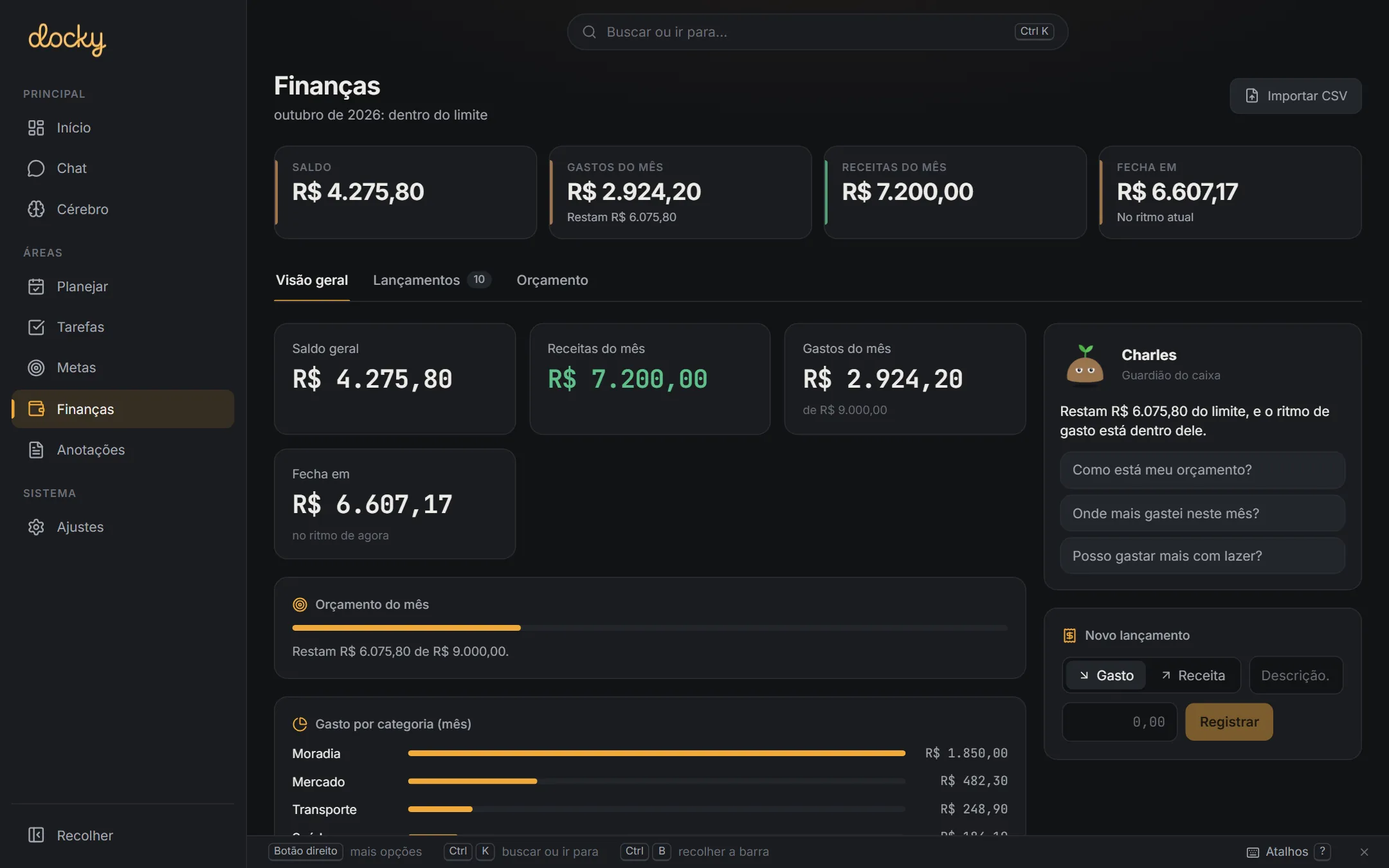 Tela Finanças do Docky com saldo, gastos do mês, orçamento e gasto por categoria